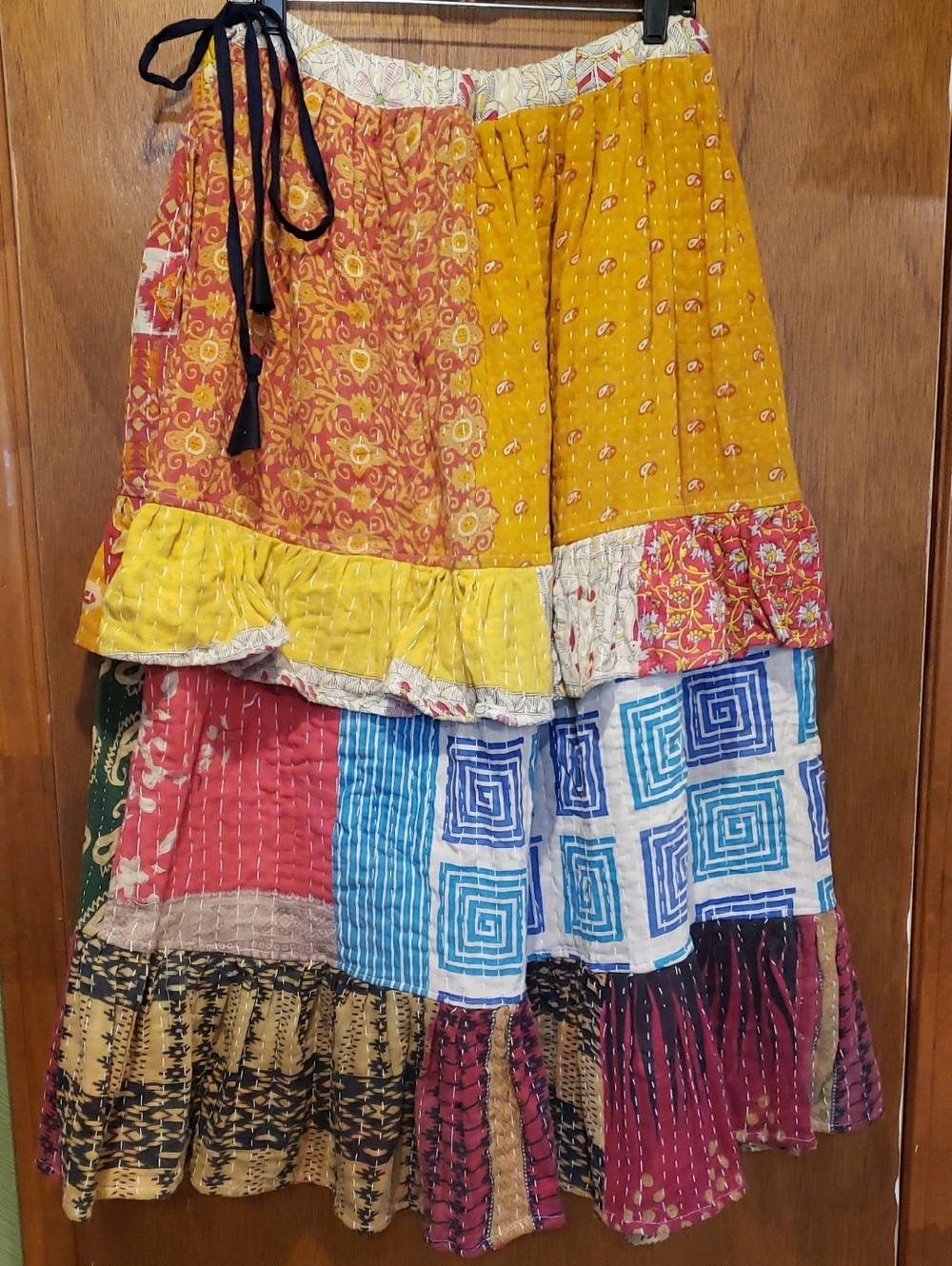 Bohemian Patchwork Multicolor Ruffle Tiered Kantha Skirt